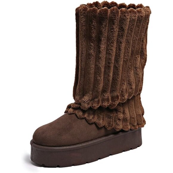 ✨Women's Brown Platform Fur Boots Fuzzy Fleece Lined Ankle Anti-Slip Booties - Picture 1 of 6